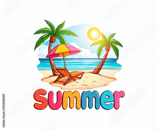 Tropical island, sun lounger with umbrella, sea flat design illustration