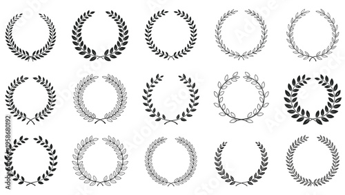 Set of fifteen black and white laurel wreaths with various leaf patterns and styles for use as decorative frames or emblems.