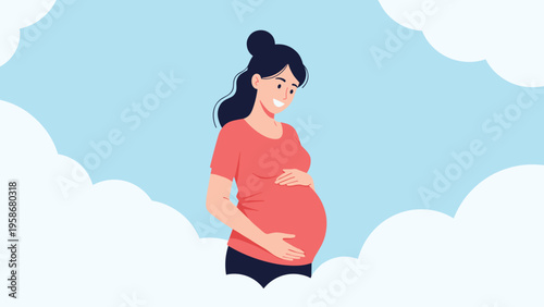 Smiling pregnant woman wearing a red shirt gently touching her belly against a soft blue sky with clouds.