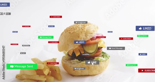 Vertical video: Drifting badges entering frame, circling burger and fries on sheet, showing likes