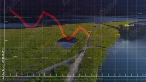 Peninsula road under HUD grid, red line starting corner, dipping to pond, climbing coastal mapping