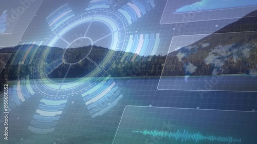 HUD showing on start pulsing turning panels shifting wave sliding rightward over lake for tracking