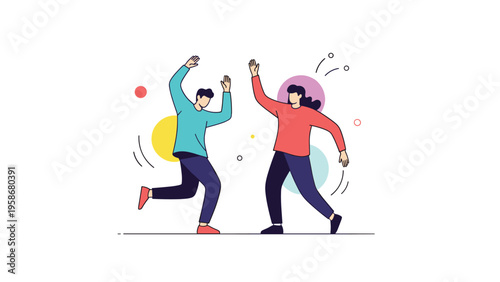 Two young people dancing joyfully with their arms raised in a celebratory manner amidst colorful abstract shapes on a white floor.