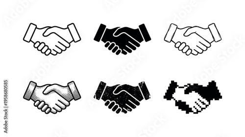 Three handshakes in varying styles, black and white