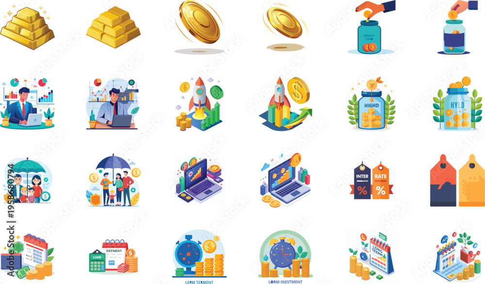Fototapeta premium Financial planning set featuring gold bars coins emergency funds rockets and professional analysts at work.