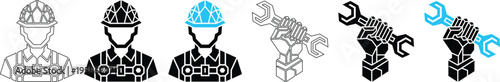 Modern Geometric Construction Worker and Robotic Hand Holding Wrench Vector Icon Set