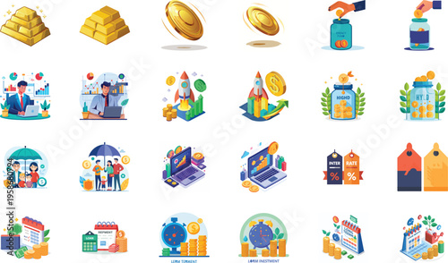 Financial planning set featuring gold bars coins emergency funds rockets and professional analysts at work.