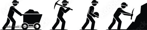 Various black silhouette figures depict essential stages of mining operations for extracting natural resources