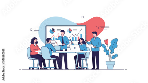 Business team of five people having a productive meeting around a table in front of a white board with data charts and graphs.