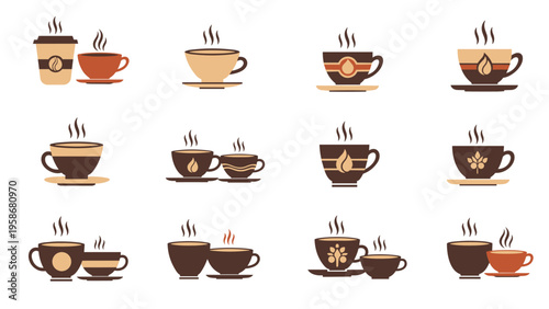 Assortment of hot coffee and tea cup icons with rising steam in different styles and warm brown or earthy color tones.
