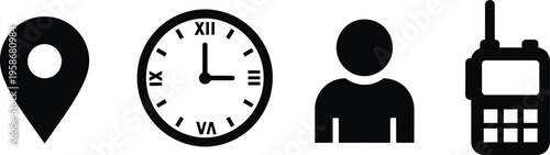 Simple icons representing location time user and communication