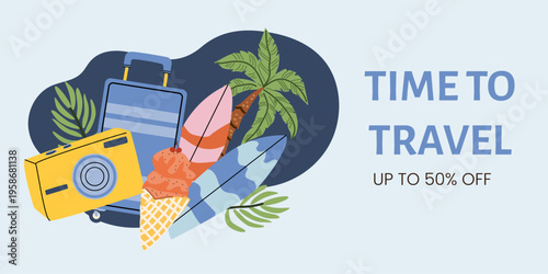 Time to Travel banner with camera, luggage and ice cream, surfboards. Summer Vacation Travel concept background with discount. Promotion ads.