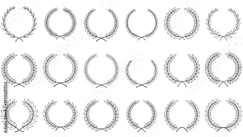 Set of hand-drawn laurel wreaths in diverse leaf styles and shapes perfect for awards honors and vintage decorative designs.