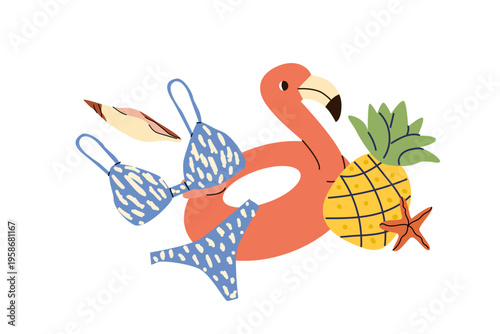 Summer vacation beach composition isolated on white. Flamingo inflatable ring, bikini, pineapple and seashell illustration. Summer time concept with tropical coastal elements.