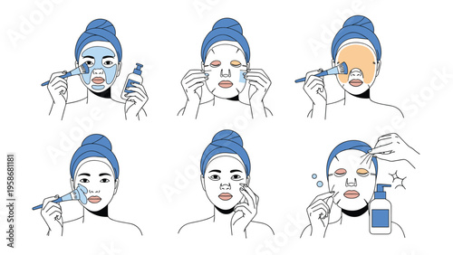 Detailed skincare routine illustration series showing a woman applying various facial masks and treatments for healthy skin.