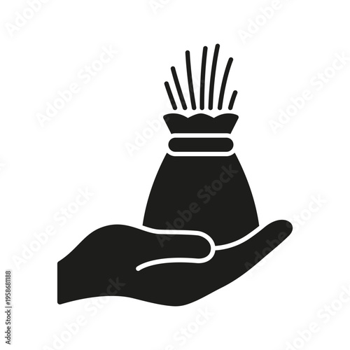 Hand Holding Grain Bag Solid Icon. Agricultural Harvest And Seed Supply Silhouette Symbol. Growth And Prosperity. Isolated Vector Illustration