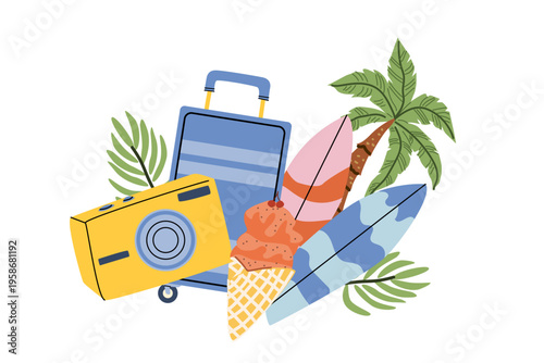 Cartoon summer time and travel concept illustration with coastal elements and items. Surfboards and travel bag, camera, ice cream. Vector illustration with beach trip accessories in cartoon flat style