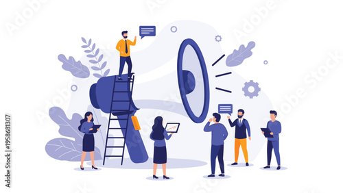 Team of small business professionals collaborating around a large blue megaphone representing marketing, announcement, and communication.