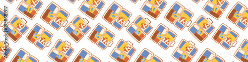 Travel packing pattern border with open suitcase. Baggage for vacation with clothes, flip flops and bikini. Simple seamless pattern with travel essentials.