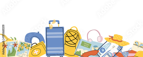 Travel airplane mediterranean essentials background with italy or greek landscape photos with lemons and first aid kit, bikini, travel note, luggages and hygiene box, headphones and sleeping mask
