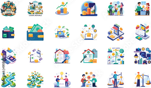 Colorful flat design scenes showing mobile payments real estate planning and smart financial decisions.