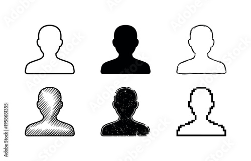 Six stylized human head silhouettes in black and white