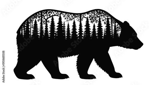 bear silhouette with dense pine forest double exposure effect isolated on transparent background ideal for wildlife branding outdoor graphics and nature themed design