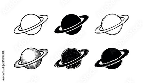 Six stylized planets in black and white