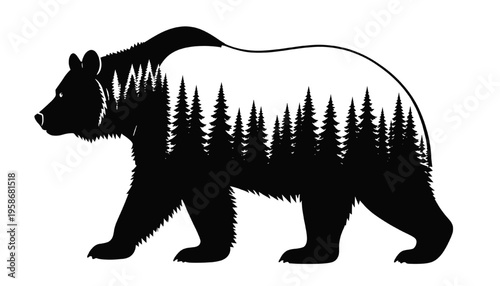 bear silhouette filled with dense pine forest double exposure style isolated design ideal for wildlife nature logo tattoo outdoor and adventure themed graphics