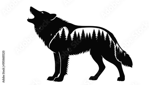howling wolf silhouette with pine forest double exposure effect isolated on transparent background ideal for wildlife branding tattoo design outdoor themes and nature graphics