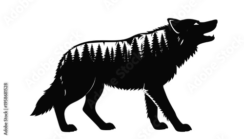 howling wolf silhouette filled with pine forest double exposure style isolated design ideal for wildlife nature logo tattoo outdoor adventure and graphic projects