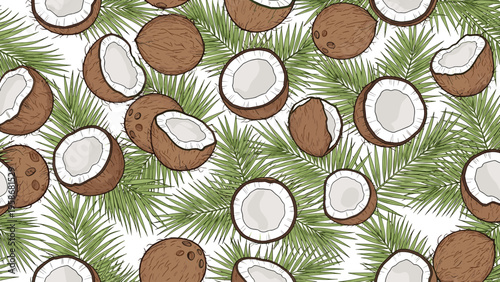 Vibrant seamless pattern design featuring whole and halved coconuts mixed with green palm leaves on a clean white background.