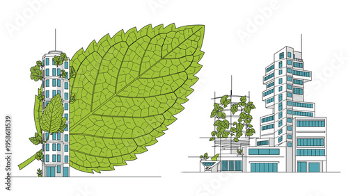 Conceptual architectural illustration of a green city with modern buildings integrated with vertical gardens and giant leaf.