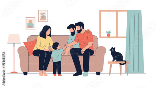 Diverse family sitting on a living room sofa interacting with a small child while a black cat watches curiously from a stool nearby.