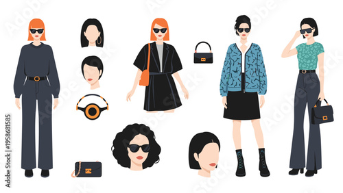 Chic fashion illustration featuring several women in modern stylish outfits along with accessories like bags and sunglasses.