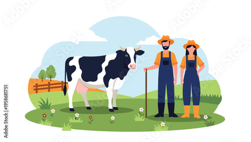 Male and female farmers standing in a green pasture with a dairy cow in front of a rural landscape under a clear blue sky with clouds.