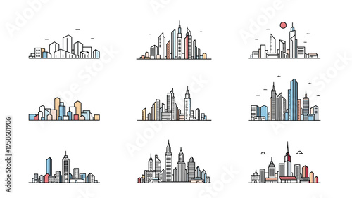 Grid of various modern city skyline illustrations showing urban architecture and skyscrapers in a minimalist and clean line art style.