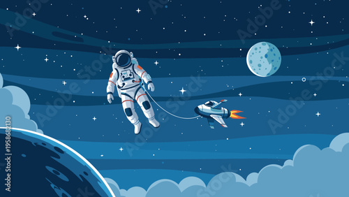 Astronaut character floating in space tethered to a small toy-like rocket ship among planets, stars, and clouds in a cosmic landscape.
