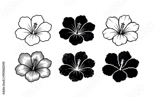 Six stylized flower illustrations in black and white
