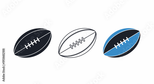 American Football Icons Set Black Blue Outline Flat Design Isolated on White