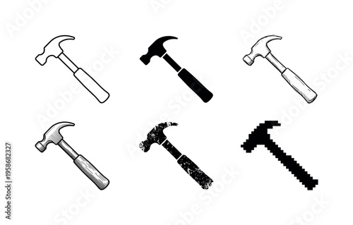 Six hammers rest in simple black and white tones
