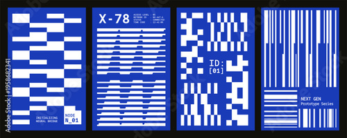 Abstract blue pattern with qr code and barcode elements arranged graphic poster layout. Pixel glitch with geometric square blocks