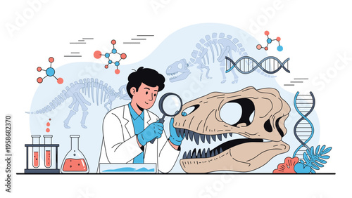 Educational illustration of a young paleontologist carefully examining a large dinosaur skull in a science laboratory.