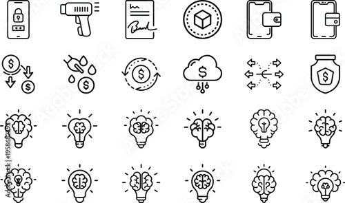 Collection of vector icons for digital banking, financial transactions, and innovative idea generation.