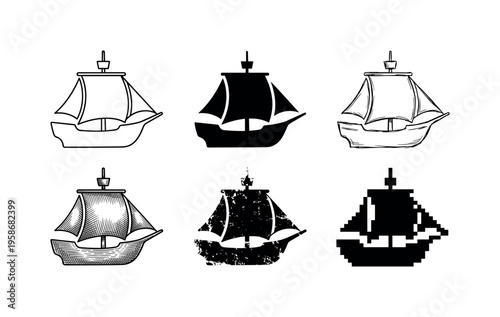 Six stylized sailing ships in black and white