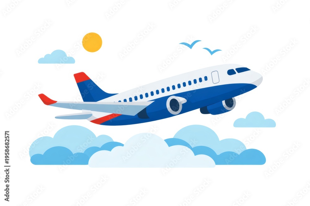 Fototapeta premium Commercial airplane taking off above clouds and birds against a sunny sky, representing concepts of travel, vacation, tourism, business trips, and international transportation