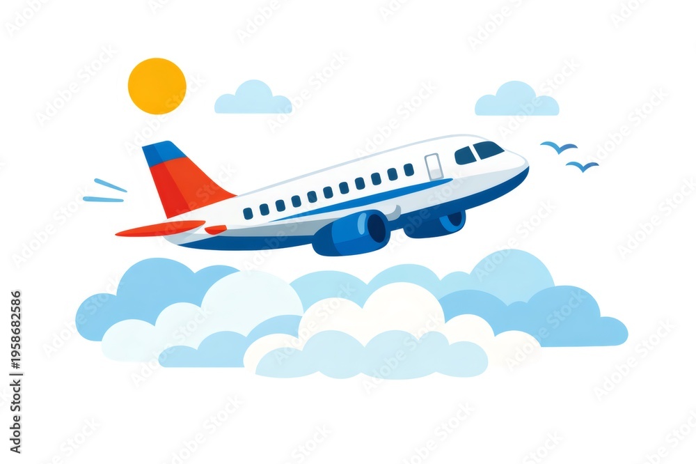 Fototapeta premium Airplane climbing through a bright blue sky over fluffy clouds toward the sun, evoking travel, vacation and global connections, freedom and the promise of adventure