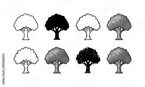 Eight tree silhouettes arranged neatly in two rows