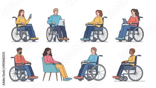 Diverse group of men and women using wheelchairs and an office chair while working on tablets or phones representing social inclusivity.