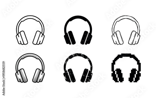 Six headphones shown in simple black and white style